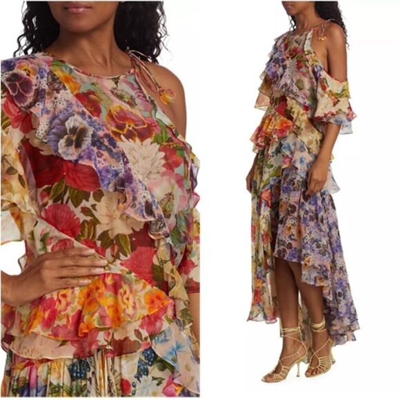 ZIMMERMANN Wonderland Flounce Floral Dress Asymmetrical High Low Tiered Ruffles - Picture 11 of 16
